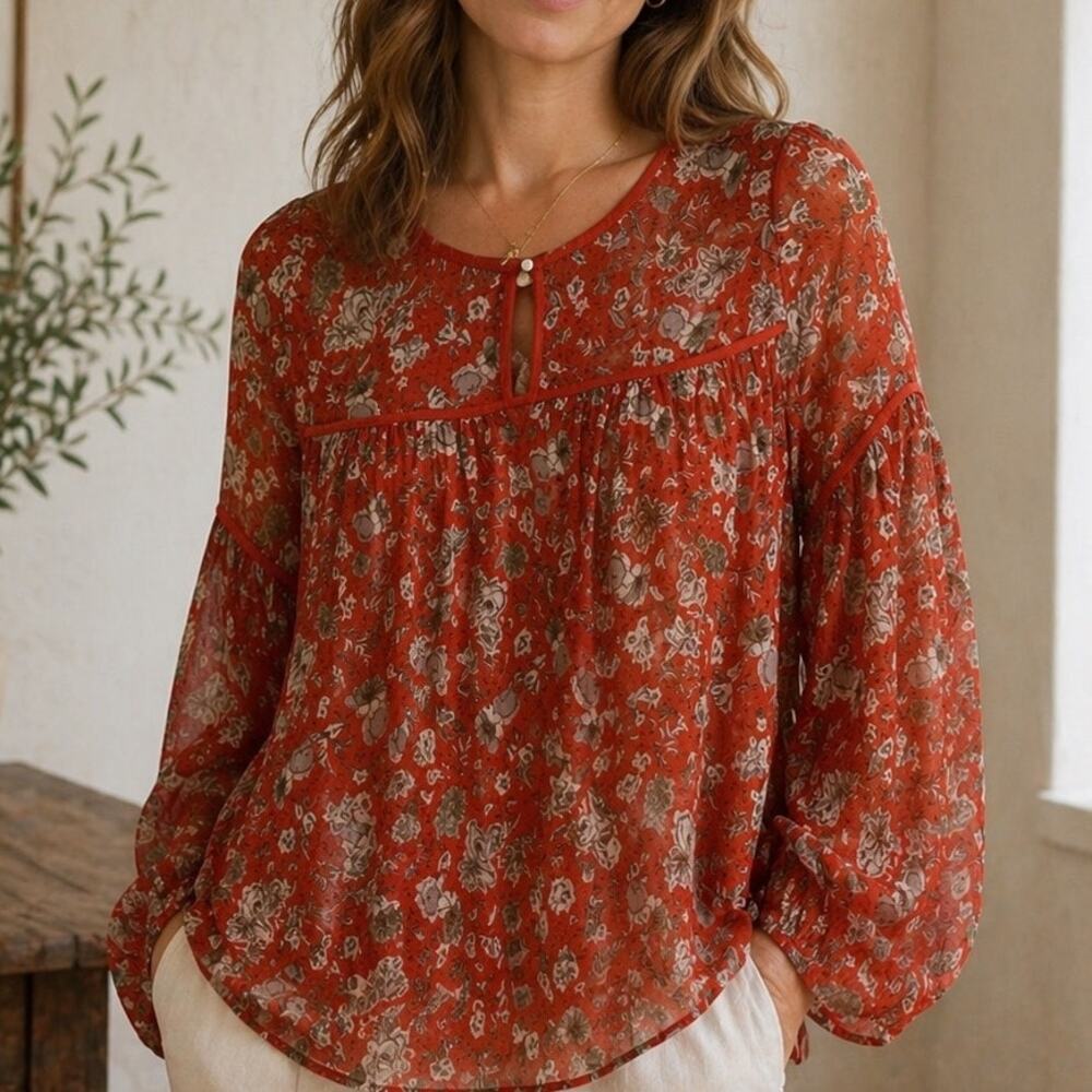 Lucky Brand Sheer Crepe Peasant Top size Small Red Floral Bell Sleeve Pullover